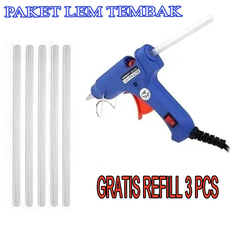 Lem Tembak BIRU ON/OFF / Hot Melt Glue Gun On Off 20WATT FREE 3 REFILL LEM TEMBAK