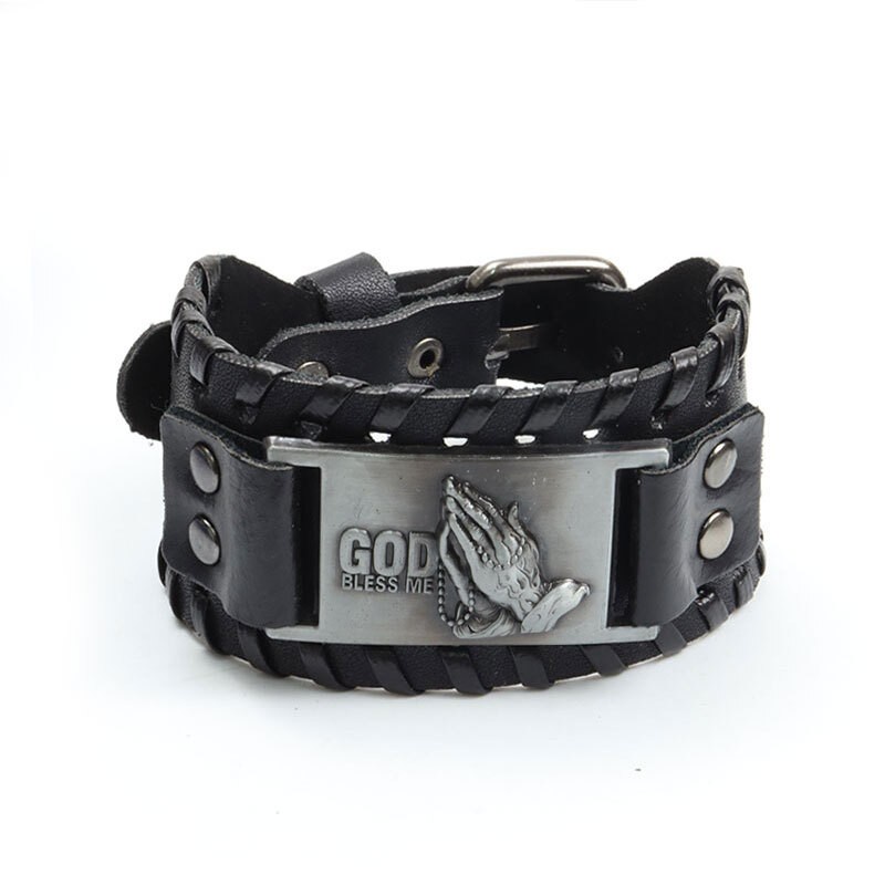 [Z H Jewelry] Viking Pria Fashion Tangan Doa Kulit Anyaman Gelang Stainless Steel/Aksesoris Perhiasan Pesta 18.5CM~21.5CM