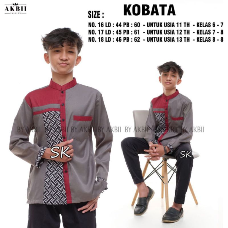 KOBATA REMAJA BAJU KOKO BATIK ANAK MUDA SD SMP LENGAN PANJANG SIMPLE kombinasi 2 warna abu merah dan