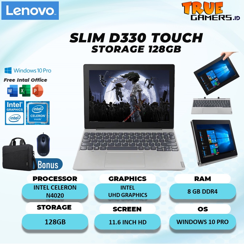 NOTEBOK Lenovo Slim D330 Flex TOUCH RAM 8GB 256GB N4020 WIN10Pro 10.1