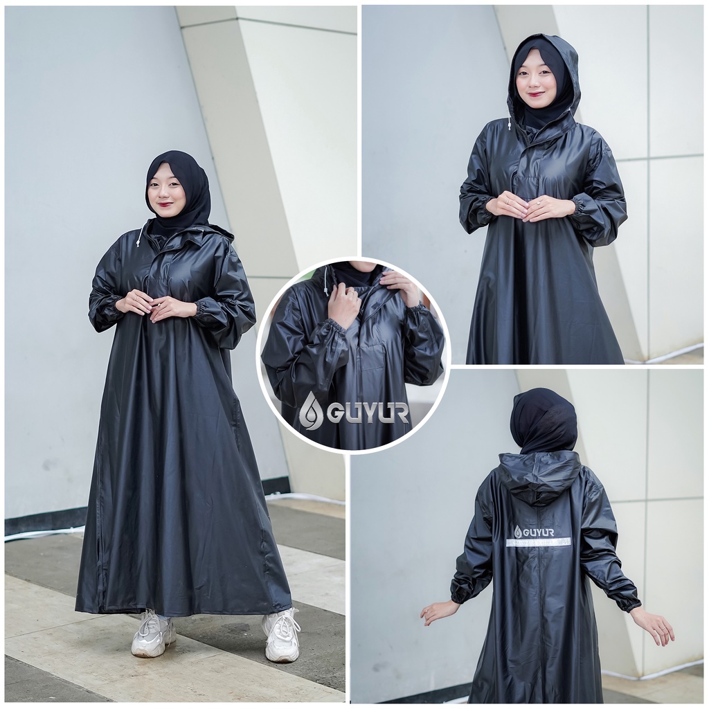 jas hujan jumbo / big size raincoat wanita muslimah hijab model gamis terusan rok syar'i bahan impor  waterproof zipper