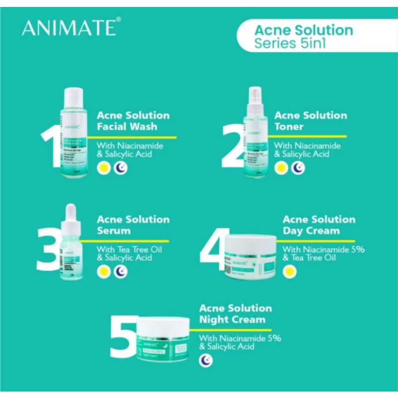 Animate Acne Solution Series 5in1/Facial Wash/Serum/Cream Pagi/Toner/Cream Malam