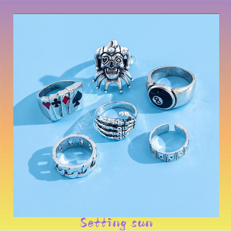 6PCS/Set Cincin Unisex  Punk Membesar-besarkan  Badut Poker Cakar Hantu Tengkorak  Perhiasan Bulat Nomor 8 TN