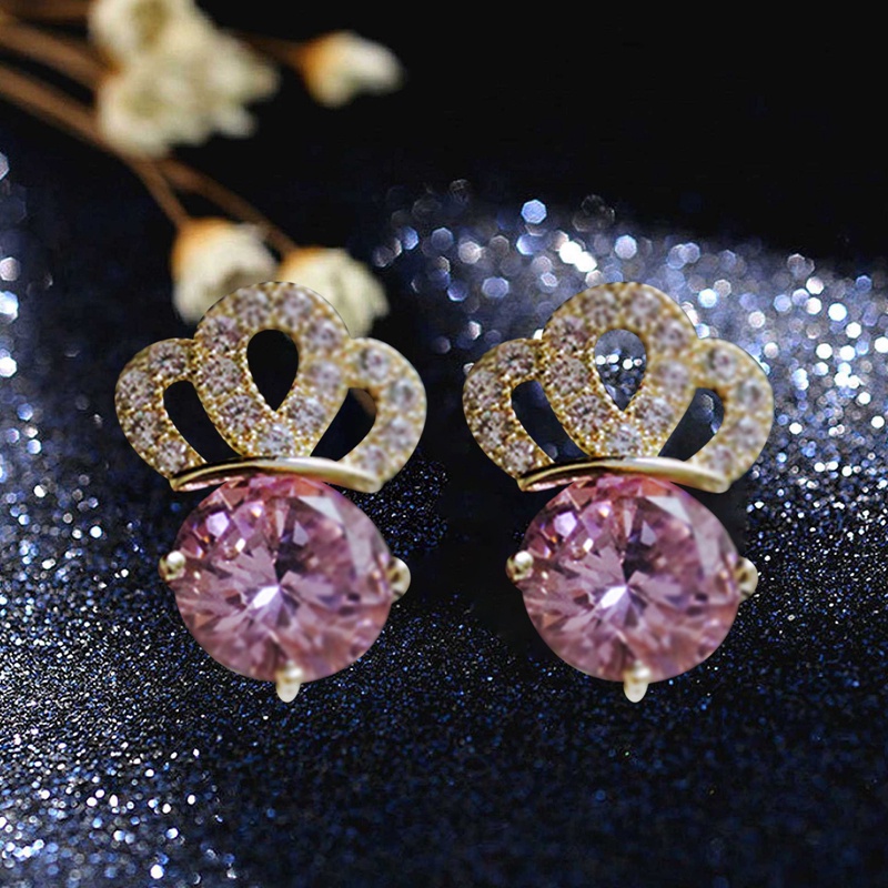 Anting Tusuk Mahkota Fashion Mewah Dengan Pink Kuning Untuk Wanita Anting Perempuan Halus Hadiah Gadis Pernikahan Tren Perhiasan