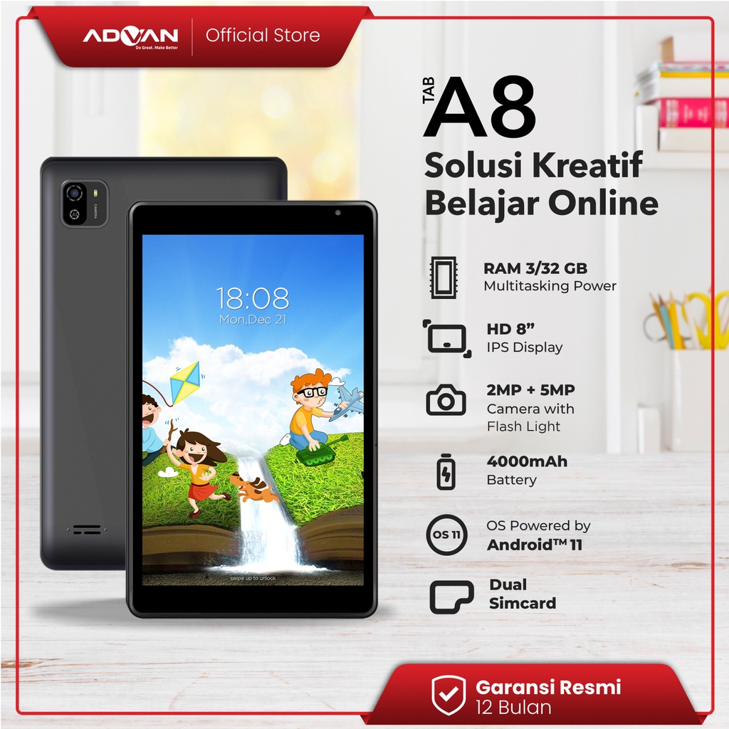 ADVAN TAB A8 3/32 GB 8 Inch Quadcore Tablet Android 11 Garansi Resmi