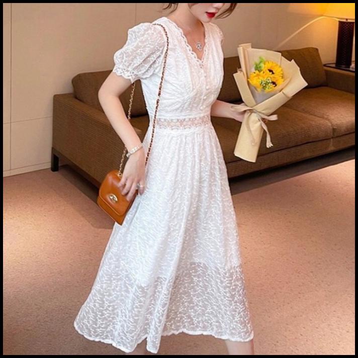 Midi Dress Lace Princess White Vintage Korean Styel Elegant Classy Tnf