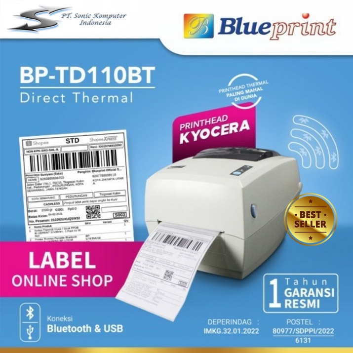 Printer Barcode Thermal Blueprint TD110BT Bluetooth USB Label Resi A6