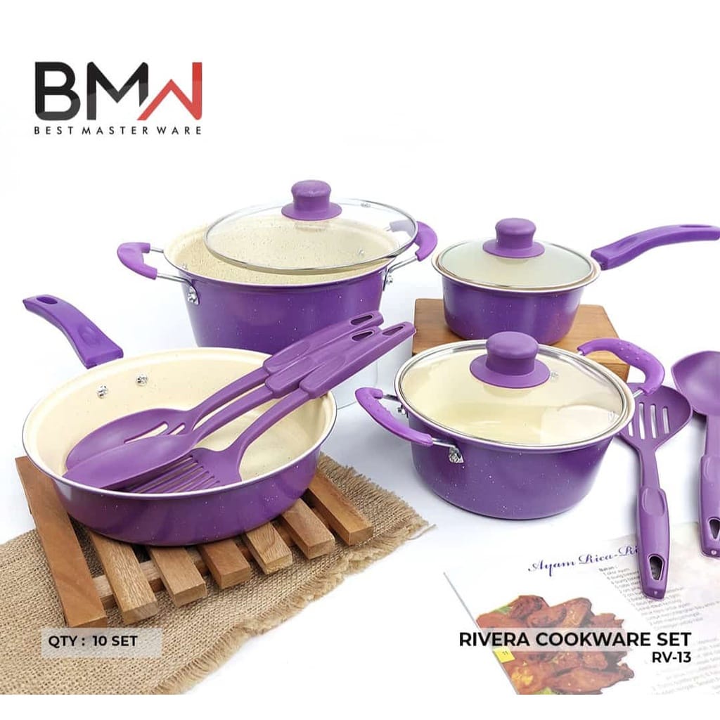 BMW Panci Set Riverra Teflon Warna Marble 13 pcs Cookware Set - ungu,pink