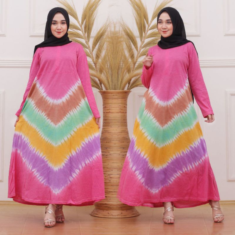 Daster Kaos Jumbo Kekinian Tiedye Lengan Panjang Homedress Wanita Terbaru
