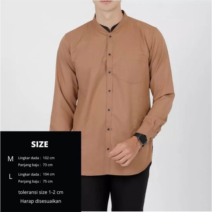 baju koko dewasa Kemeja Polos Pria Lengan Panjang Atasan Casual Baju Hem Kekinian Coklat M Z6X9 Modi