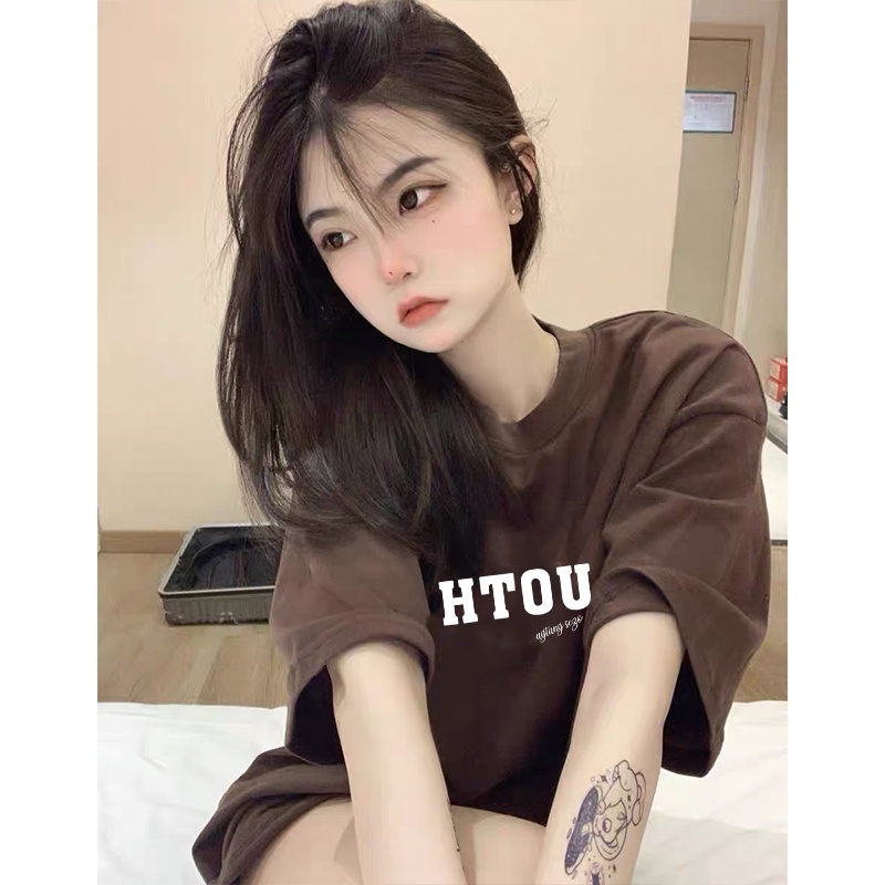 Letter Kaos Lengan Pendek Cream Atasan Wanita Oversize Printed T-shirt Kekinian Korean Style/kaos big size wanita