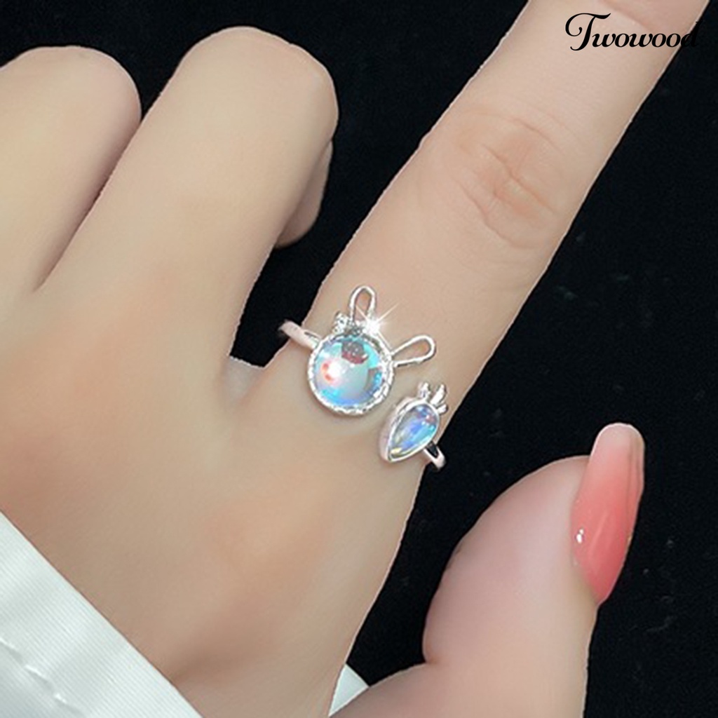 Twowood Wanita Cincin Shiny Faux Moonstone Animal Element Adjustable Opening Design Hadiah Hias Kelinci Kecil Lobak Jari Cincin Perhiasan Pesta Untuk Pacaran