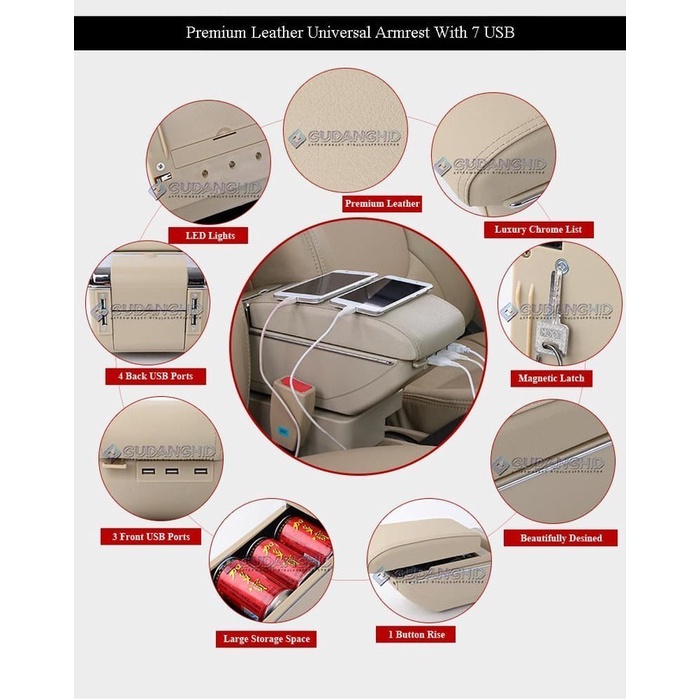 Armrest Kulit 7 USB Port Charger + LED Mobil Suzuki Ertiga 2012 / 2017