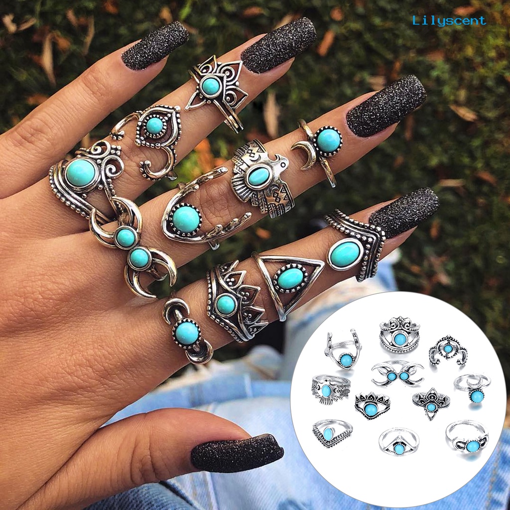 [LS]11 Pcs Berongga Bulu Stackable Knuckle Rings Gaya Etnik Bunga Permata Imitasi Jari Rings Perhiasan Aksesori