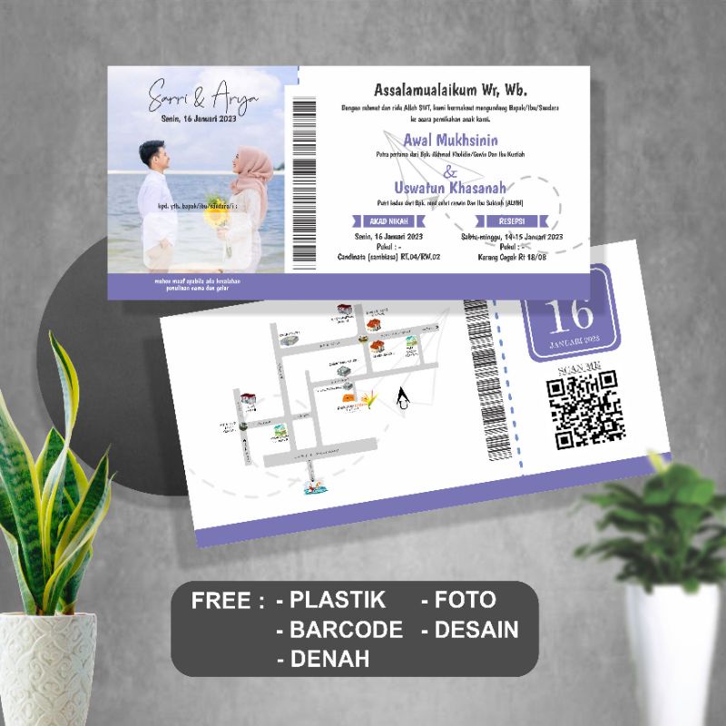 UNDANGAN PERNIKAHAN 1 LEMBAR FREE PLASTIK, BARCODE, DENAH DAN FOTO