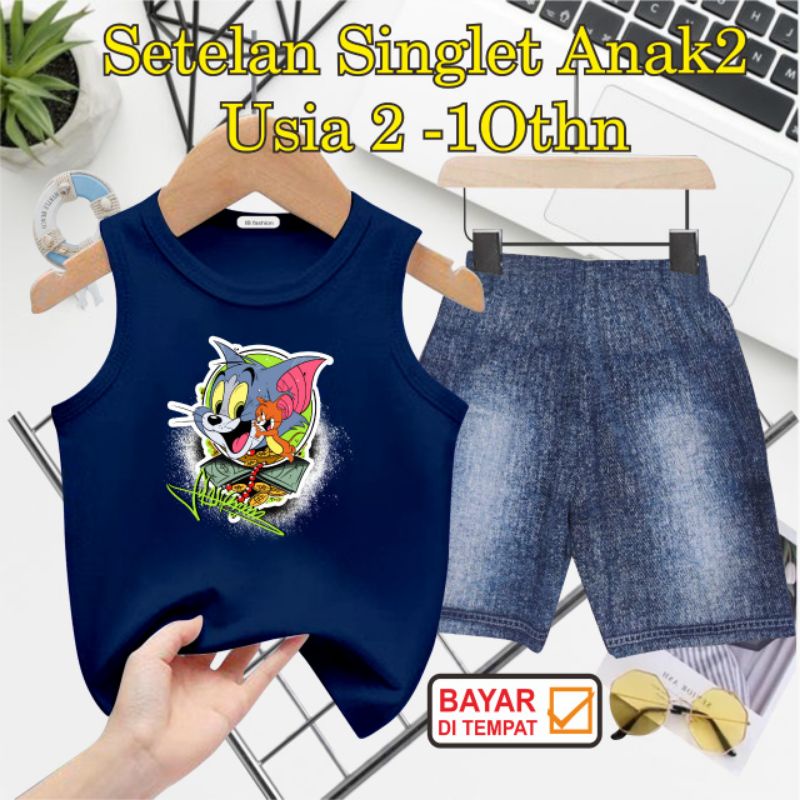 ((IB))SETELAN SINGLET ANAK SEMI JEANS/T0M&amp;JERRY DIGITAL SABLON