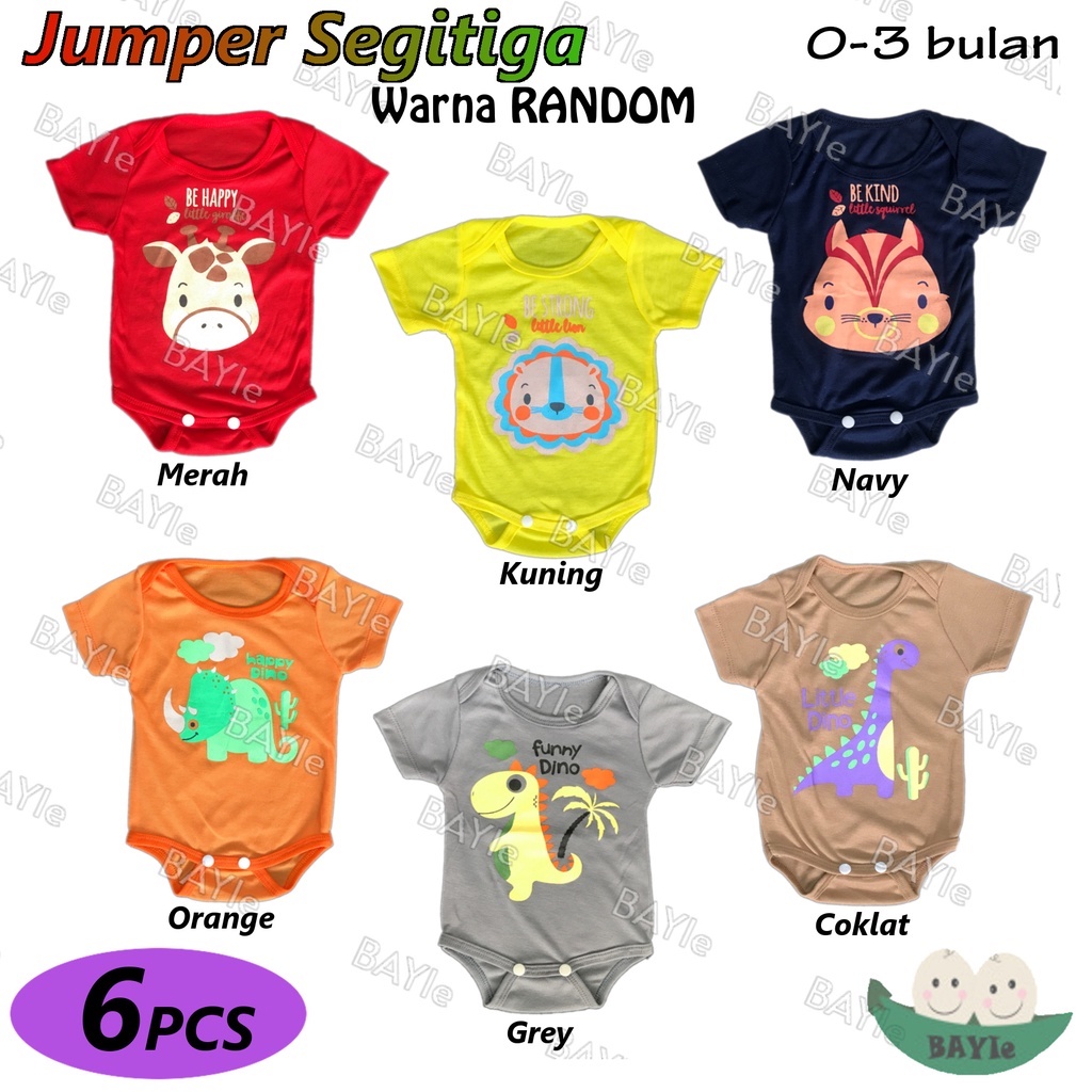 BAYIe - 6 PCS Baju Bayi model Jumper/Jumpsuit/Romper Segitiga Pendek SABLON Bahan RIB new born 0-3 Bulan