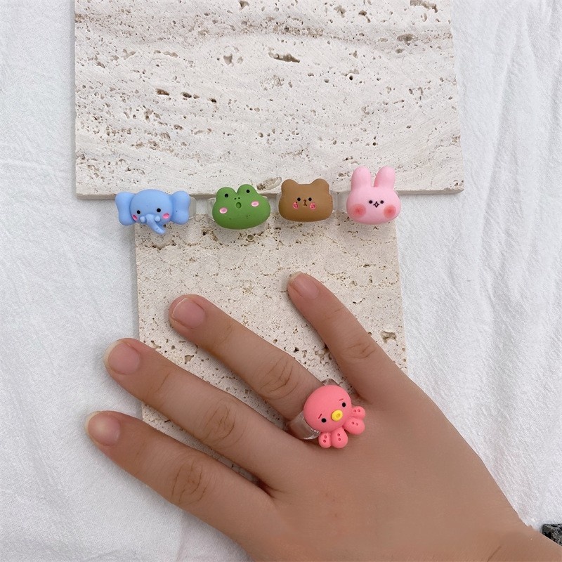 Baru Kartun Hewan Katak Harimau Gajah Gurita Resin Cincin Kepribadian Girly Lucu Cincin Menyenangkan Halo Gadis Perhiasan