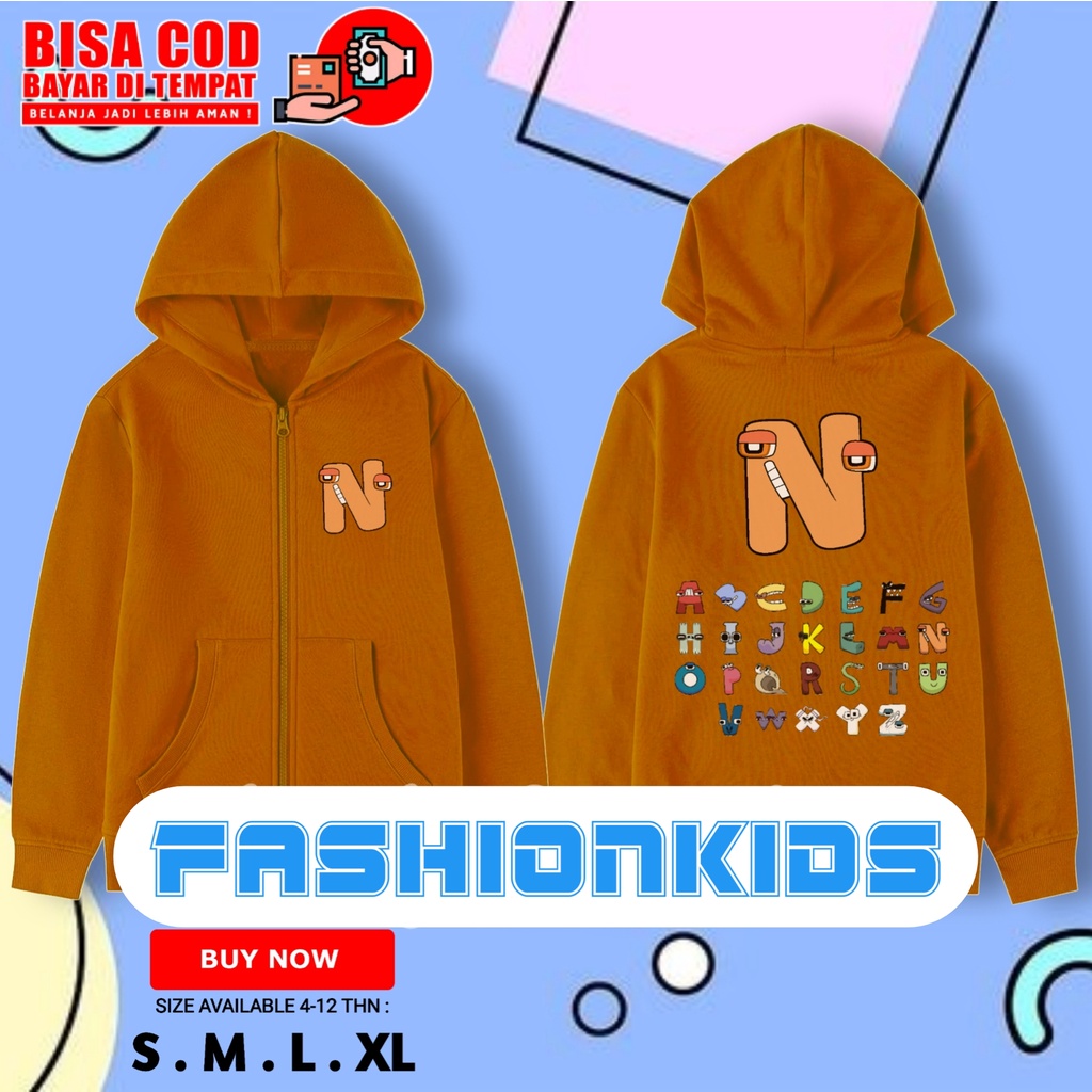 JAKET ZIPPER ANAK ALPHABET LORE N BISA COSTUM HURUF A B C D E F G H I J K L M N O P Q R S T U V W X 