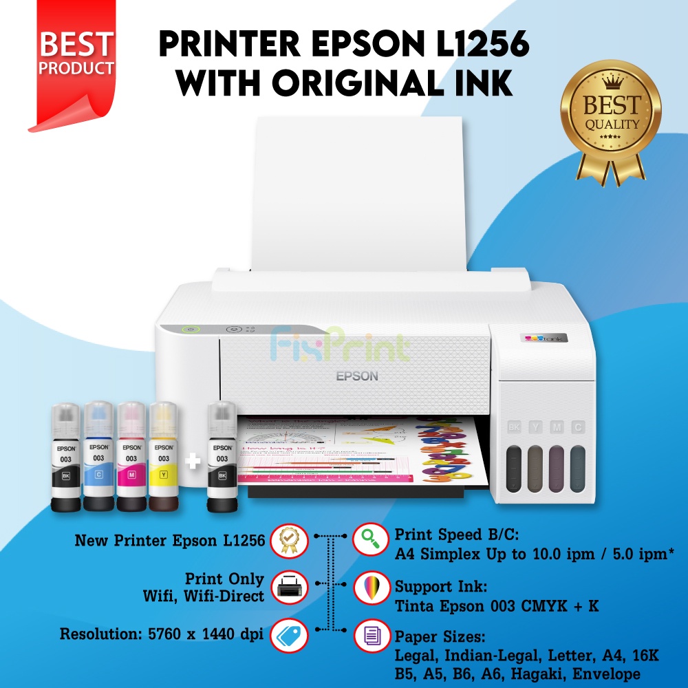 Printer Epson L1250 / L1256 Print Only Wireless WiFi Direct Kondisi Baru Tinta Anti Tumpah