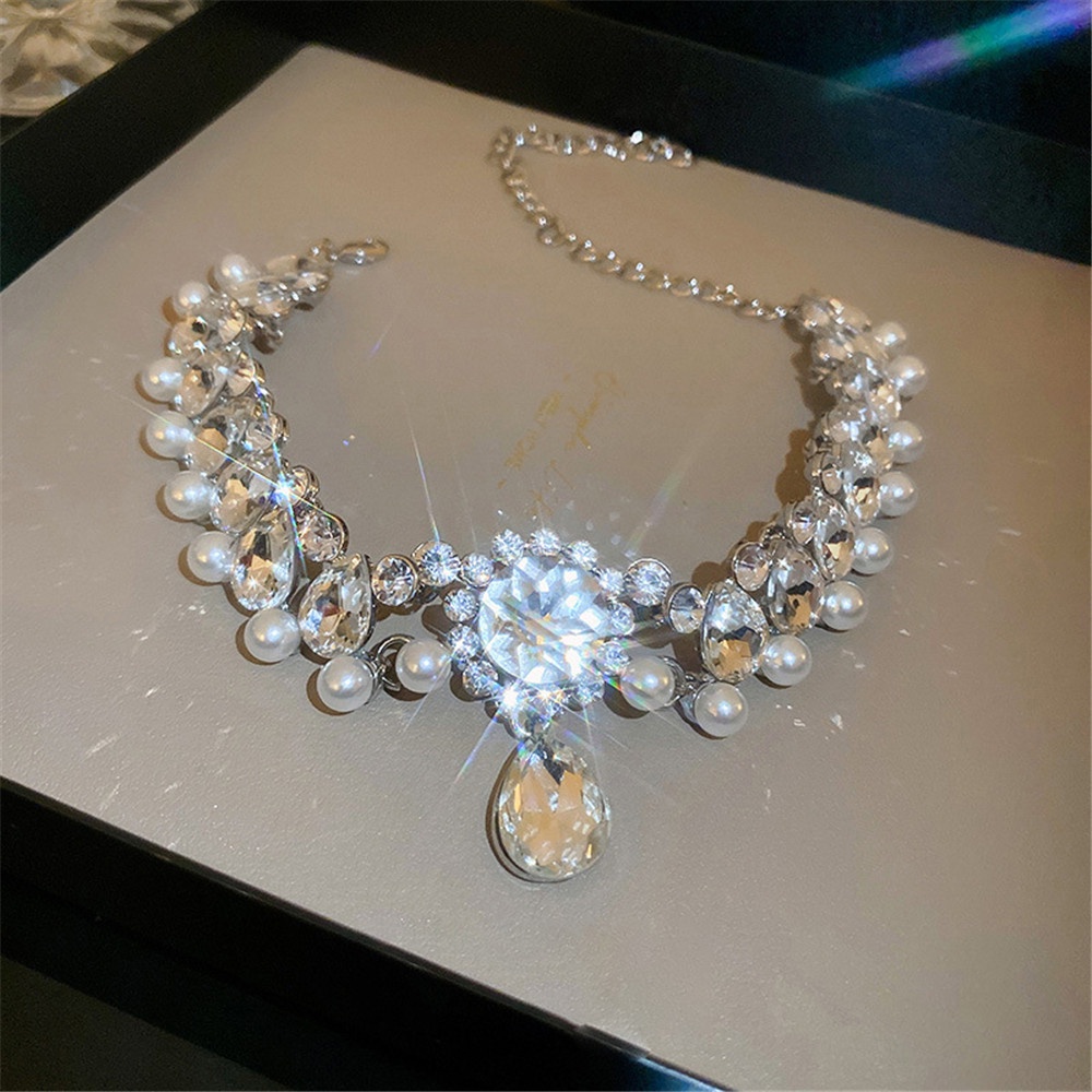 French Pearl Rhinstone Drop Chocker Kalung Untuk Wanita Tulang Selangka Rantai Kalung Pesta Perhiasan