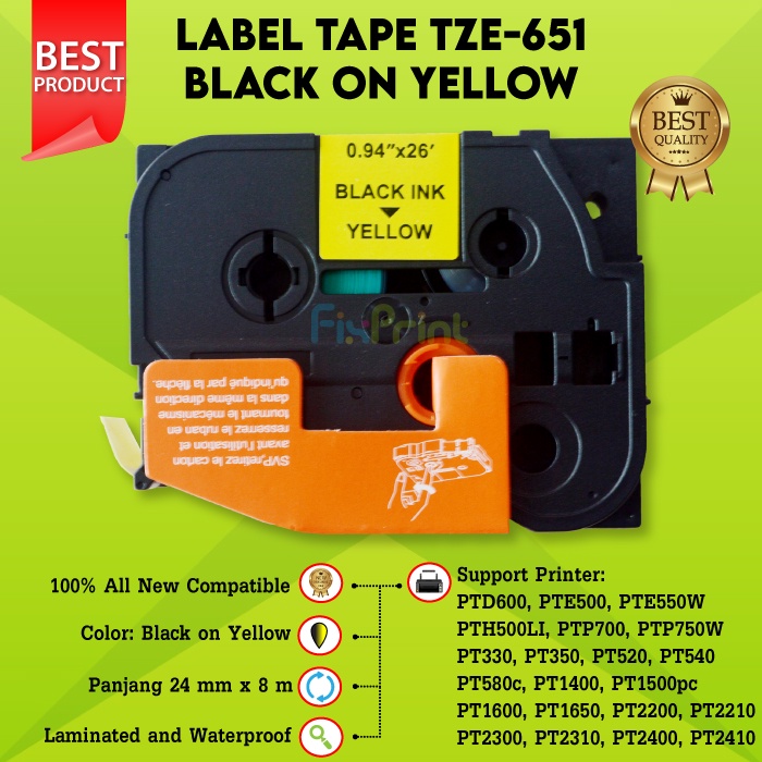 Label Tape TZE-651 24MM Black On Yellow Laminated PTouch P750W P900W P950NW