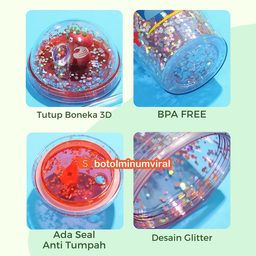 Botol Minum Glitter Tumblr Unicorn Dino Sedotan Viral Hadiah Aesthetic Premium Import