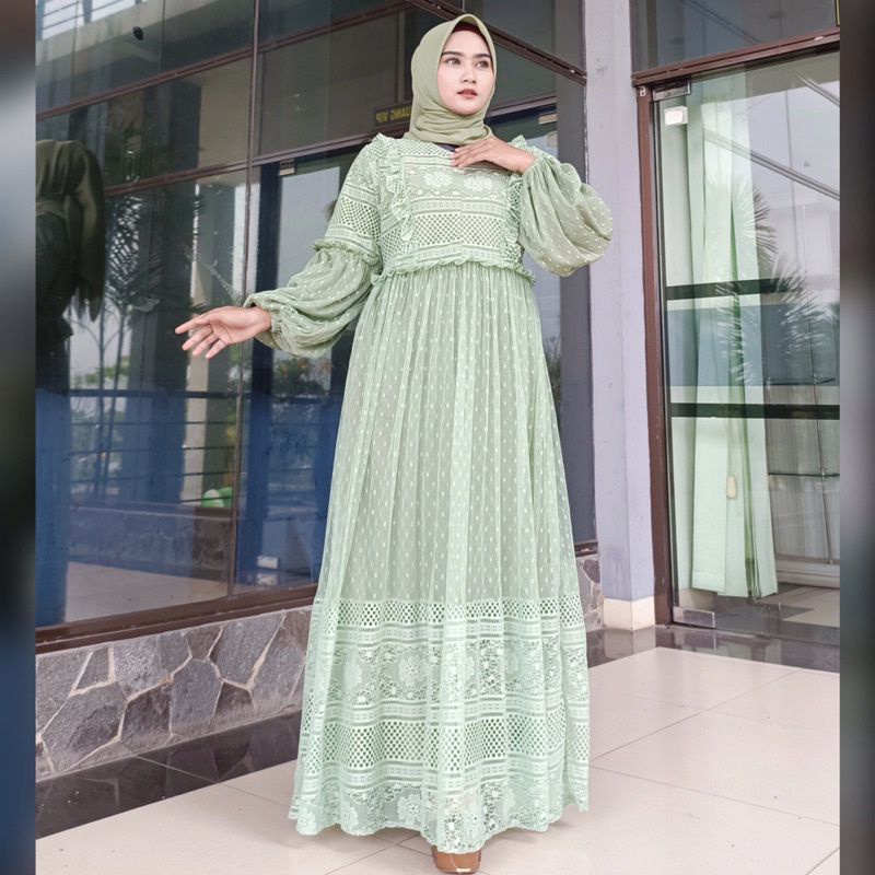 OLIVIA DRESS BURKAT MIX TULLE // Gamis Pesta Busui //Ld 100,Ld 110,Ld 115