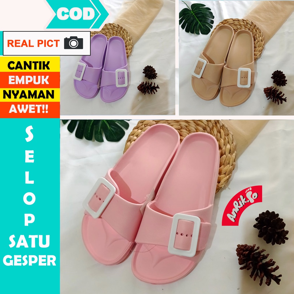 SANDAL SELOP SATU GESPER WANITA CEWEK PEREMPUAN SLIP ON KOREA KOREAN STYLE EMPUK SANTAI RUMAH RUMAHAN ANTI SELIP SLIP AWET