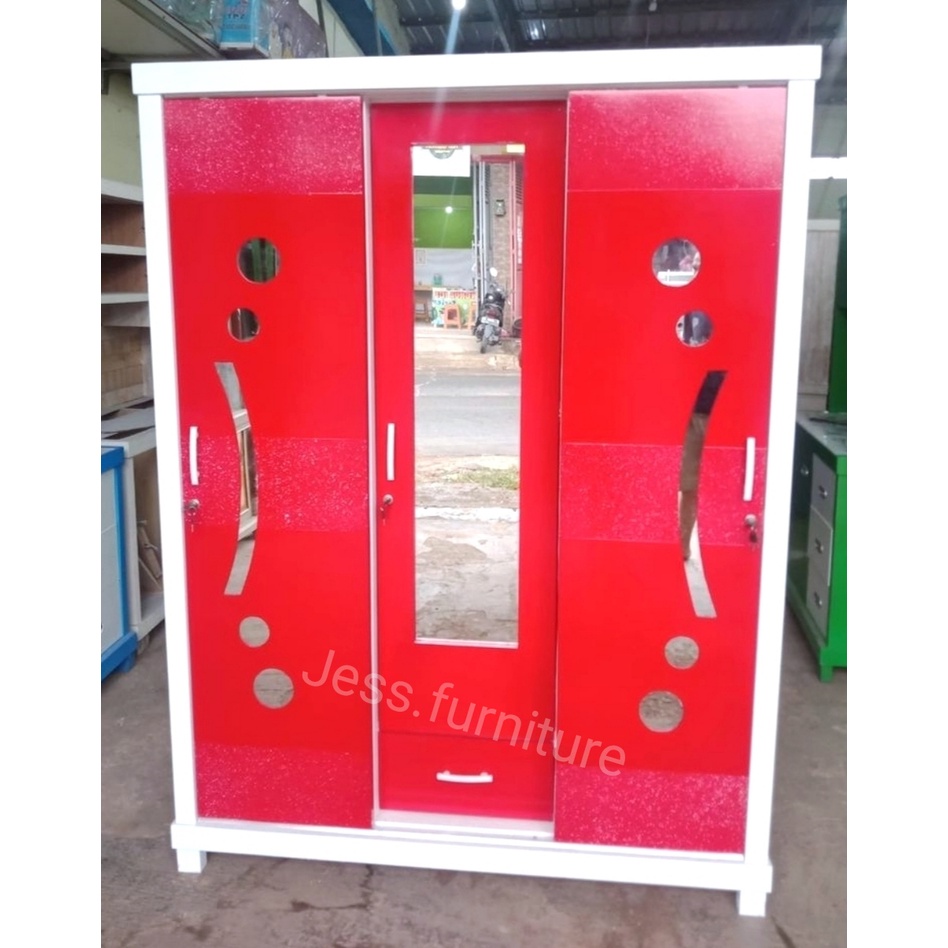 Lemari Baju Sliding Multriplek , Lemari Baju 3Pintu Merah , Lemari Baju 3Pintu Sliding