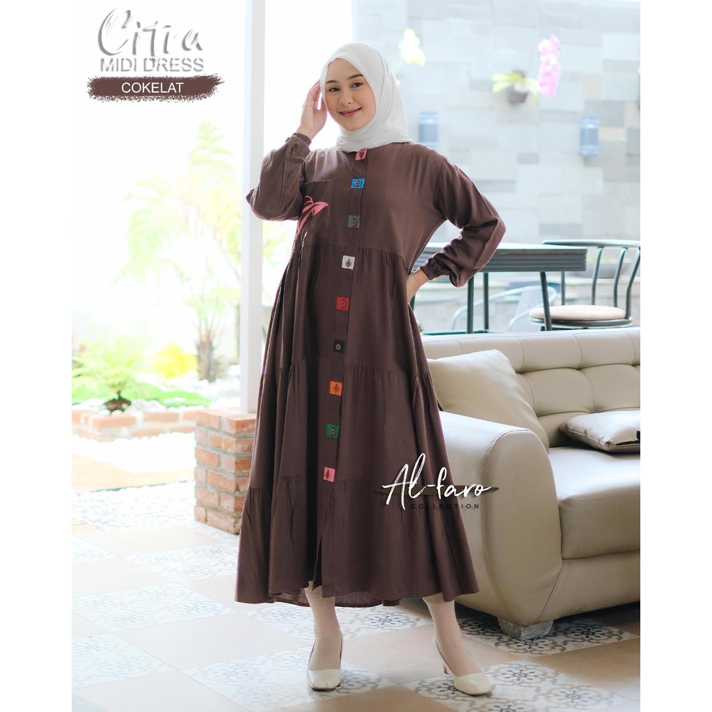 Midi dress viral kekinian citra janeta terbaru modern style baju gamis kancing warna warni terlaris