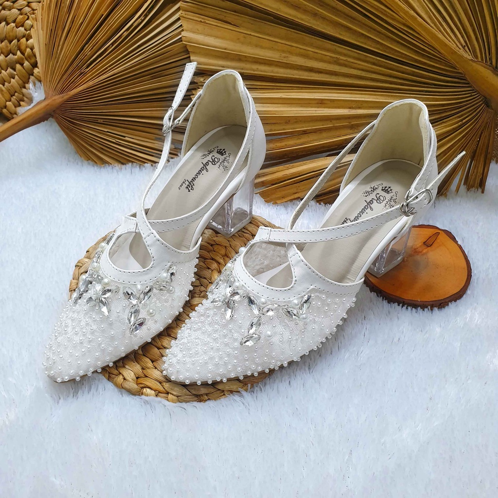 sepatu wedding pesta cantik hasya putih tali hak 7cm kaca