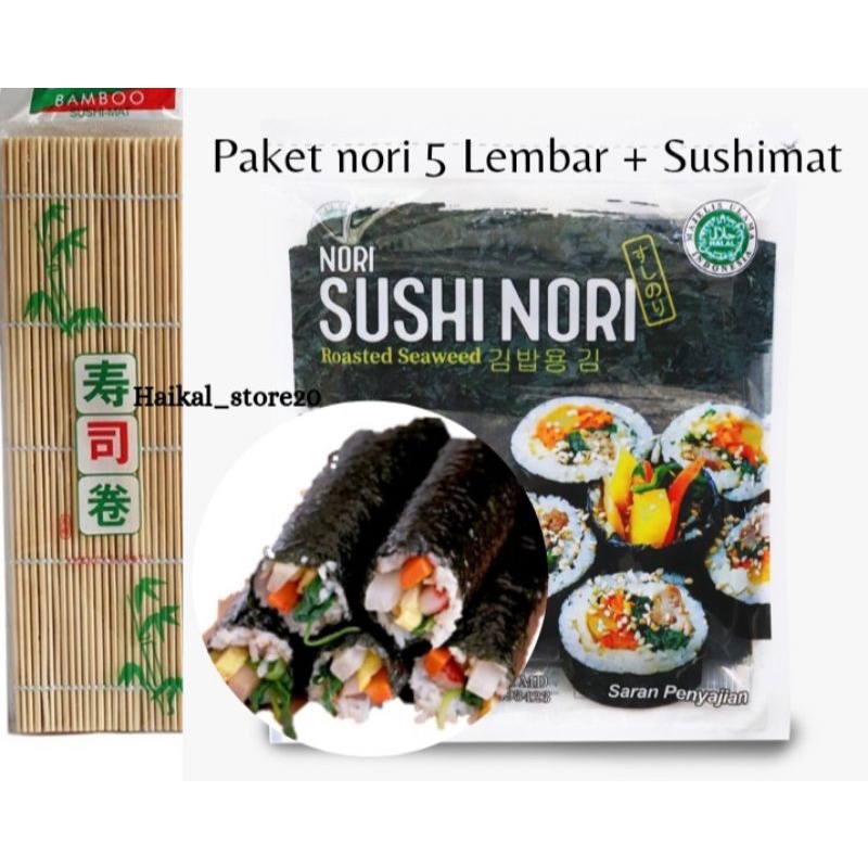 

Paket Nori sushi 5 lembar + Bamboo makanan rumput laut khas japan tanpa MSG HALAL murah dan laris