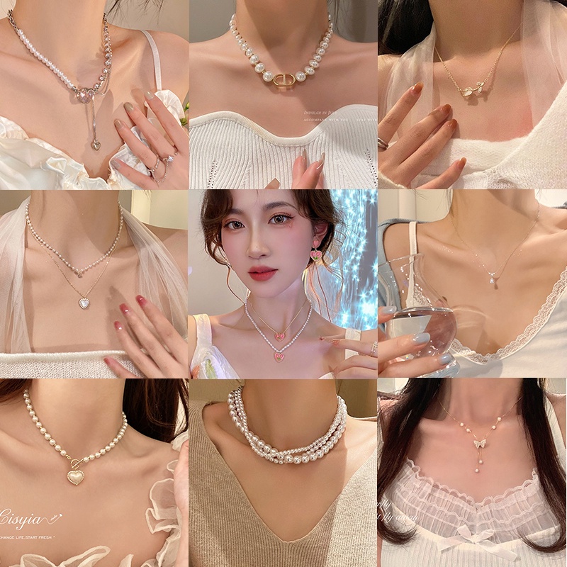 YEEZII Y2k Kupu-Kupu Mutiara Tulip Kalung Untuk Wanita Cinta Hati Ekor Ikan Fashion Liontin Perhiasan Aksesoris