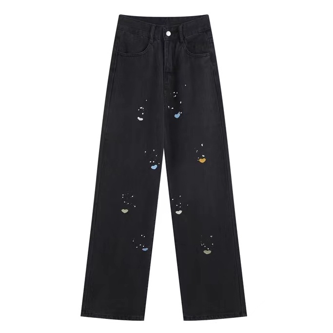 Star Embroidery Kelabu hitam highwaist longgar celana jeans panjang wanita kulot