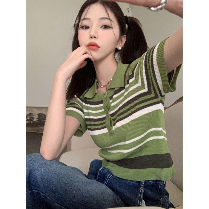 Kaos Stripe Wanita Lengan Pendek Kerah Polo Longgar Bergaris Retro Korea