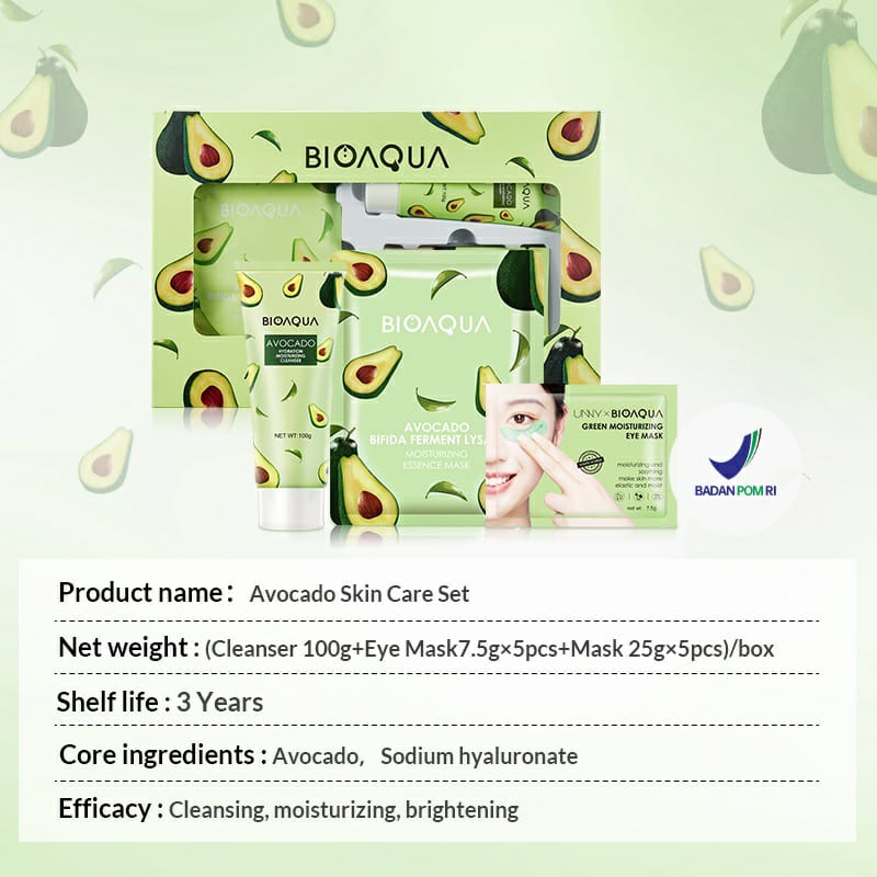 BIOAQUA Avocado SkinCare Set Kecantikan Perawatan Set With Cleanser/Sheet mask/Eye mask Whitening Brightening