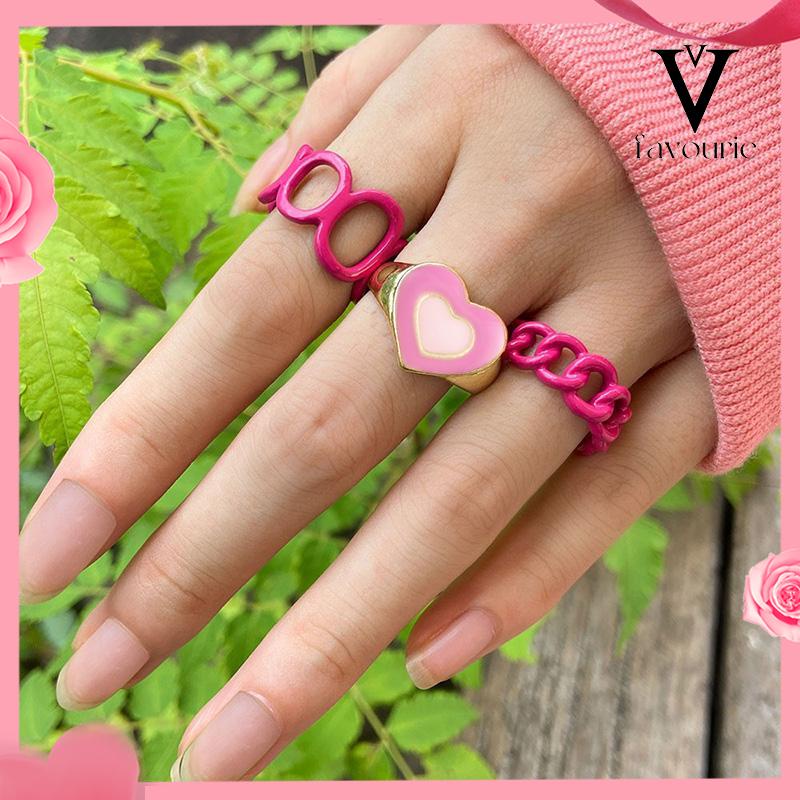 COD3PCS Heart Geometry Rings Cincin Geometri Jantung Cincin Mode Menetes Minyak yang Dapat Disesuaikan untuk Aksesoris Perhiasan Wanita-FA