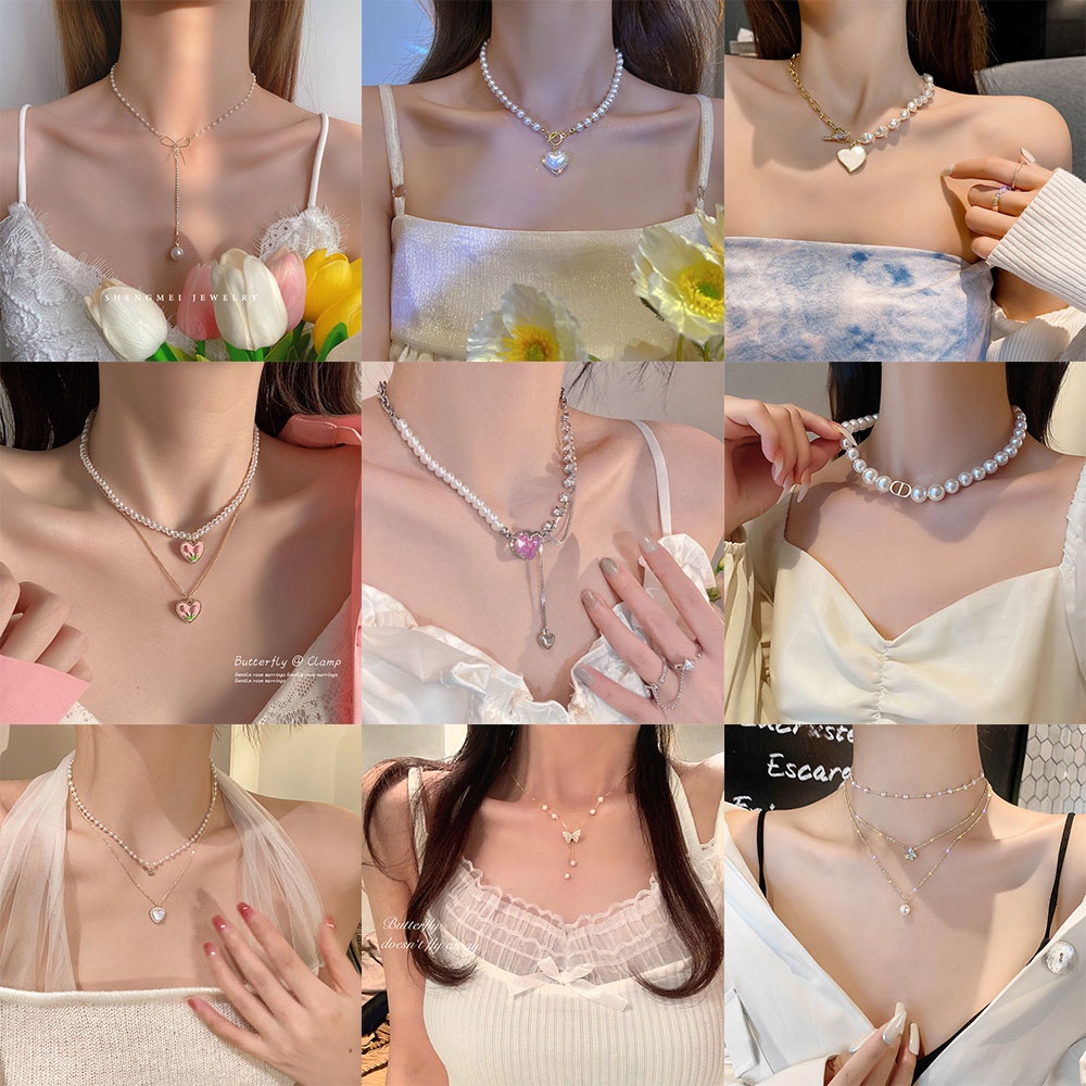 Fashion Mutiara Tulip Kalung Untuk Wanita Elegan Kristal Hati Ikatan Simpul Liontin Choker Perhiasan Aksesoris