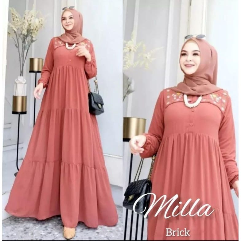 Milla Dress Gamis Malaysia Ceruty Babydoll Aksen Bordir Baju Kondangan Wanita Jumbo Gamis Busui Friendly Gaun Pesta Muslimah