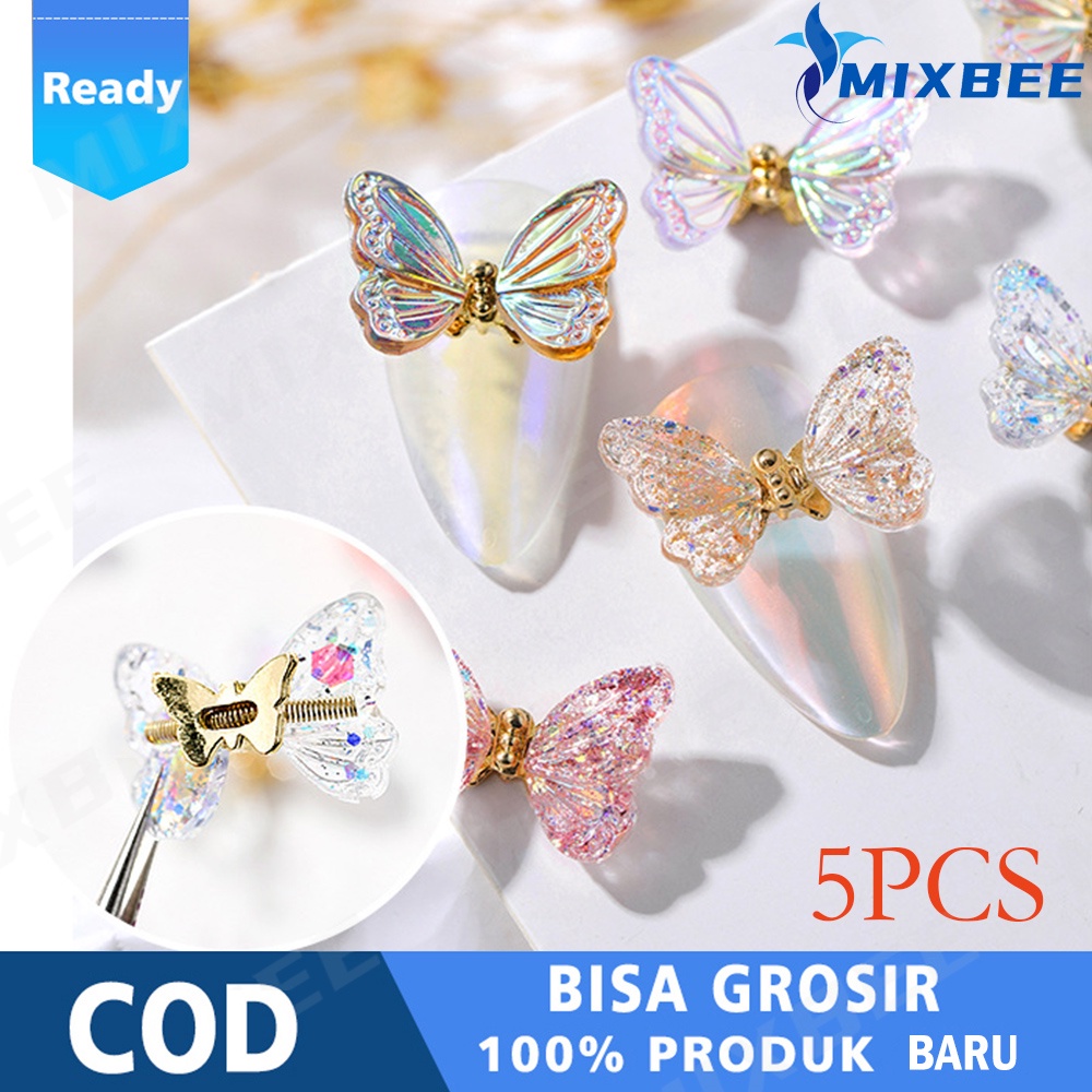 5 Pcs Nail Payet 3D Resin Kuku Kupu-kupu Glitter Set untuk Nail Art