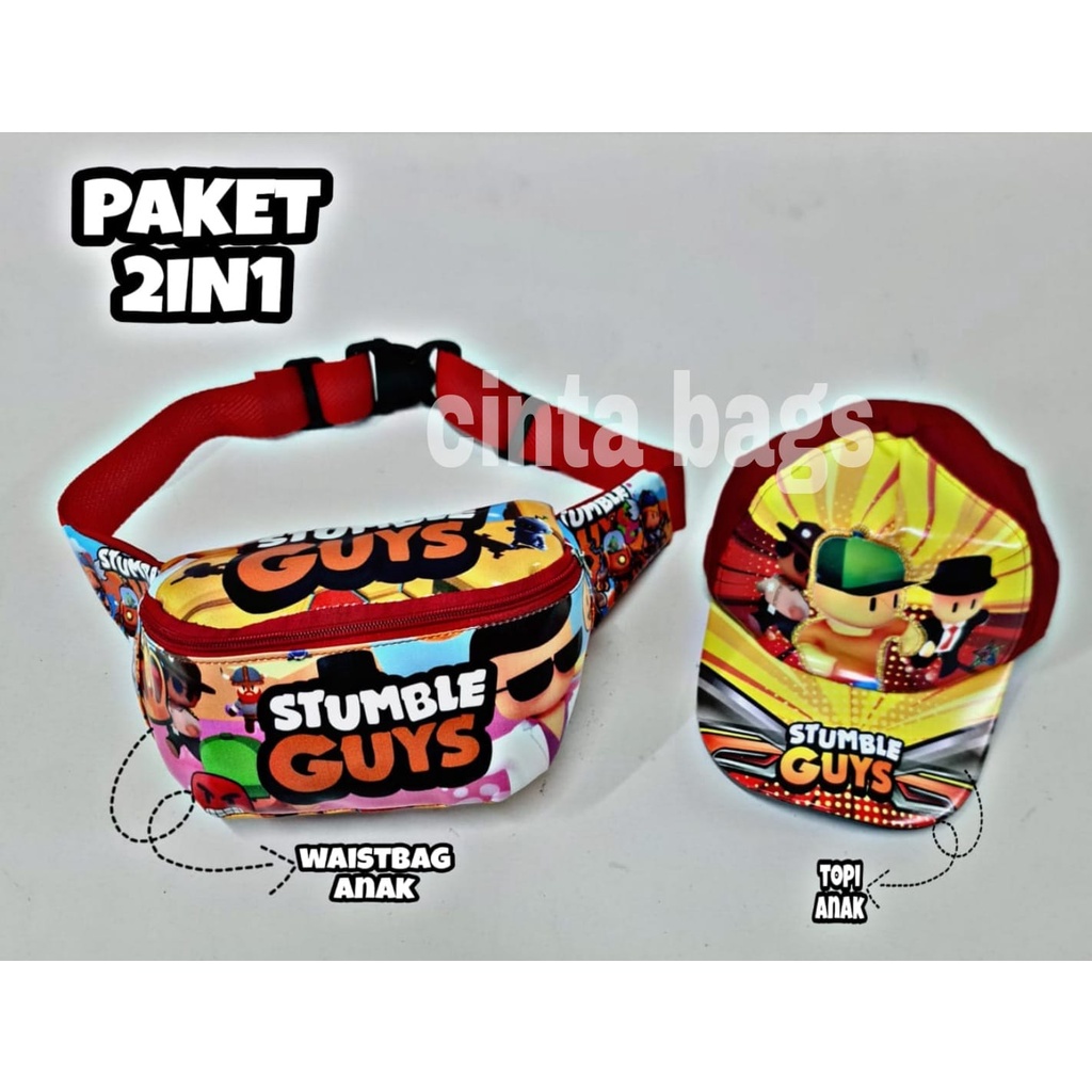 (BISA COD) PAKET 2 IN1 WaistBag Anak Laki Laki Motif Stumble Guys +Topi Anak Karakter