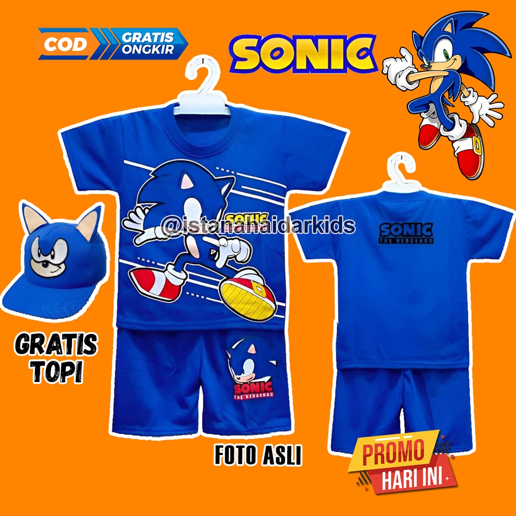 SETELAN SONIC ANAK LAKI LAKI GRATIS TOPI WARNA BIRU / BAJU SONIC YOUTH ANAK LAKI LAKI SETELAN PEREMP