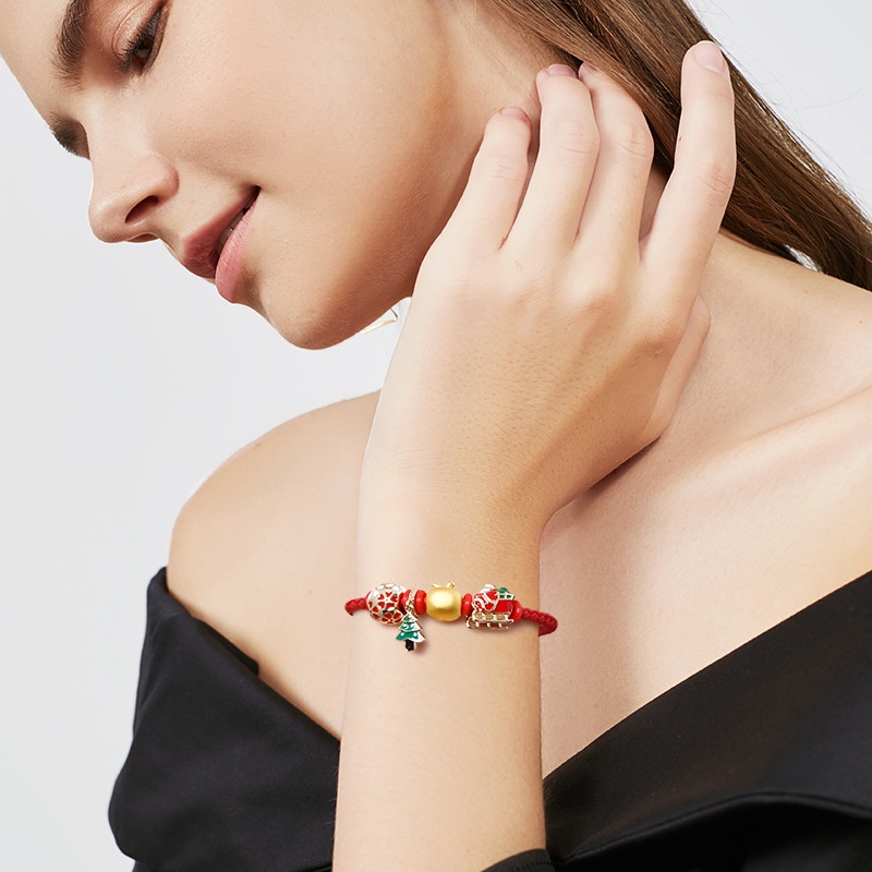 Goldkingdom Perhiasan Fashion Emas Asli Kadar 375Bangkok Aksesoris Ready Stock Berlapis Emas Gelang Apel Natal Hawa 3D Pohon Natal Sleigh Transfer Hadiah Manik-Manik