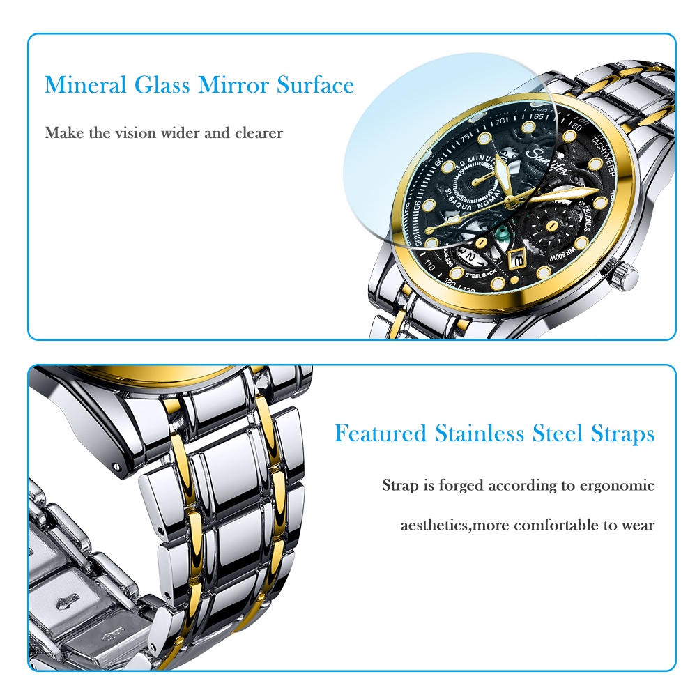 Sunlifex Jam Tangan Pria  9001 Original Display Kuarsa Anti Air Tali Stainless Steel Santai Mode Jam Tangan Cowok-4