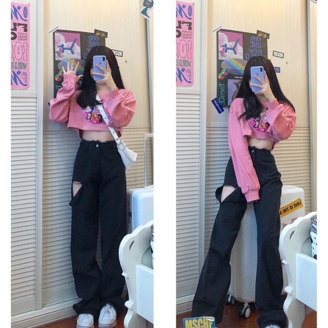 Suhao setelan dua potong wanita Chic Barbie Sayang pendek atasan merah muda + celana jeans robek lebar pinggang tinggi hitam