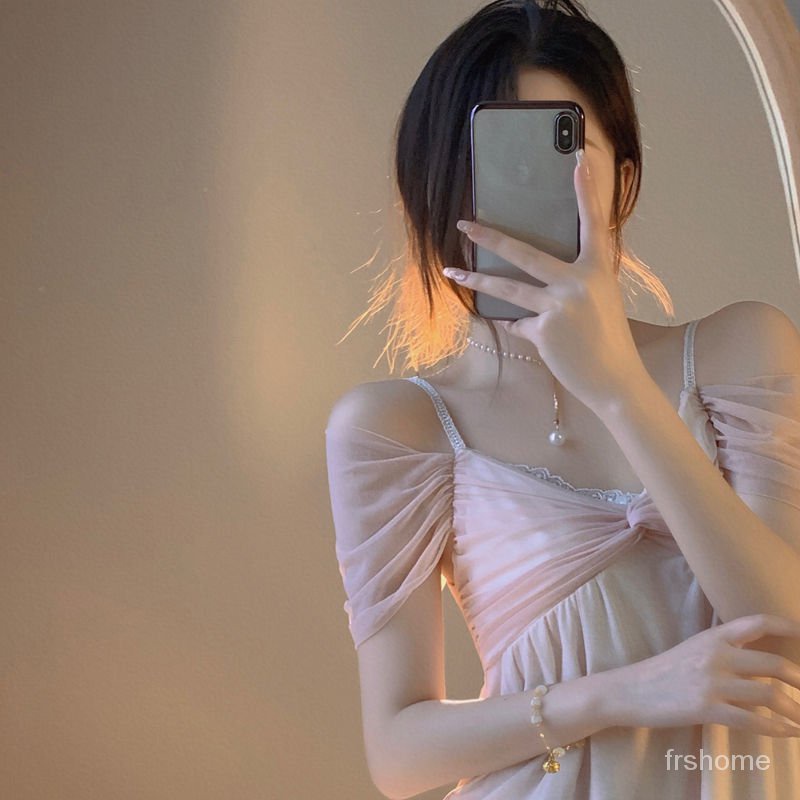 Renda gaun tidur panjang wanita gaya pengadilan manis dengan piyama bantalan dada longgar nyaman dip