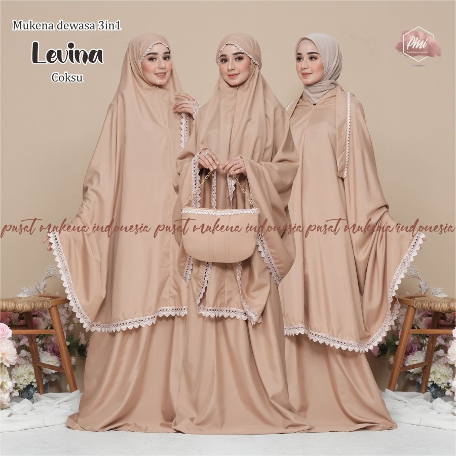 Mukena remaja kain bali  3in1 Levina  parasut Motif Renda Mewah X3E5 terusan polos tebaru 2022 katun