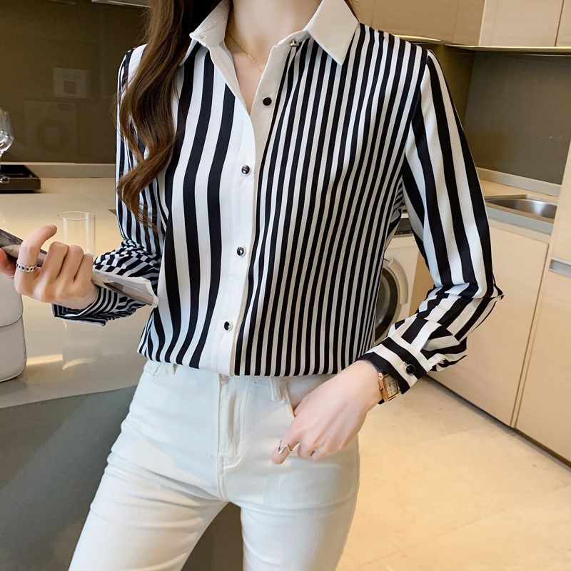 2190 / STRIPED SHIRT atasa wanita kemeja wanita kemeja kerja perempuan motif salur lengan panjang Ko