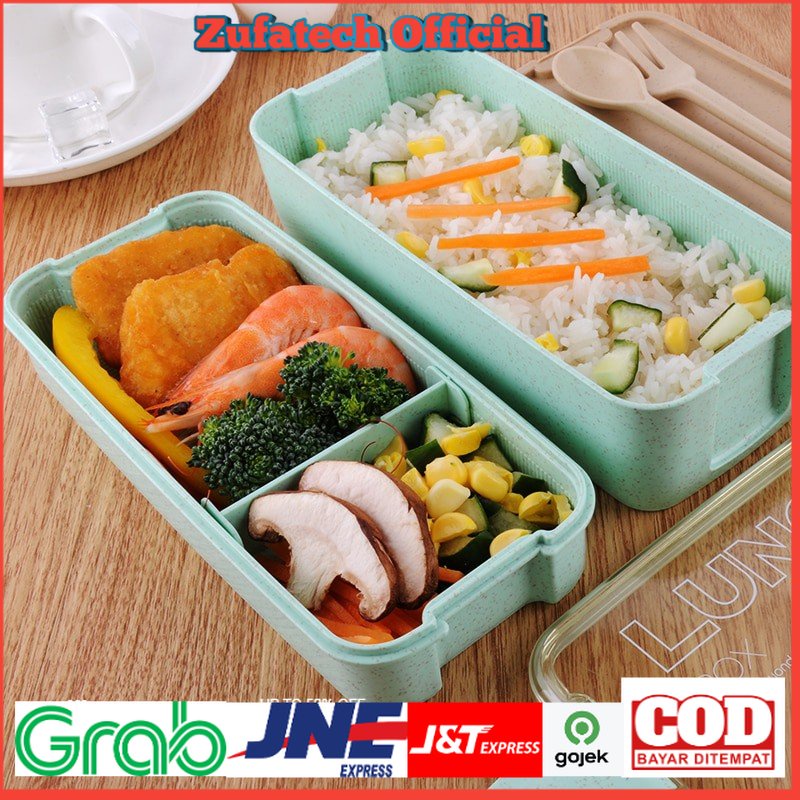 kotak penyimpanan/Kotak Makan 3 Layer Healthy Bento Lunch Box 900ml with Spoon &amp; Fork - Green